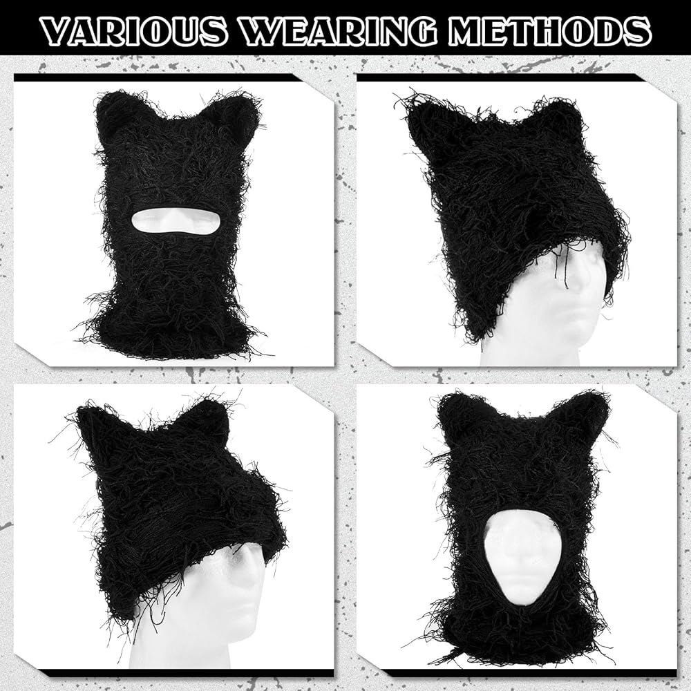 Newcotte Black Distressed Balaclava Ski Mask with Cat Ear